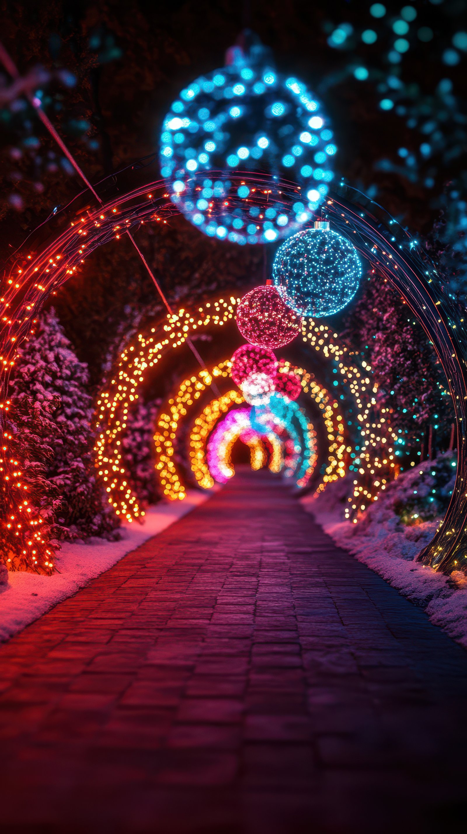 Colorful pathway adorned with glowing lights and festive ornaments during a winter celebration in a park